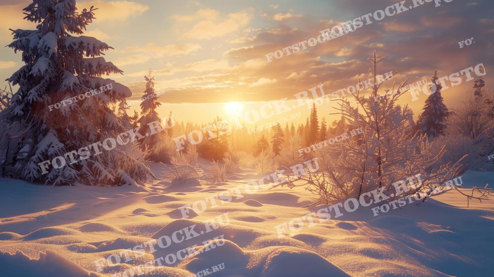На фотографии изображен зимний лес, покрытый свежим снегом, во время заката. Солнце, опускающееся за горизонт, заливает лес теплым золотистым светом, создавая контраст с холодными тенями снега. Это спокойный и умиротворяющий зимний пейзаж, символизирующий природную красоту и тишину зимнего вечера.